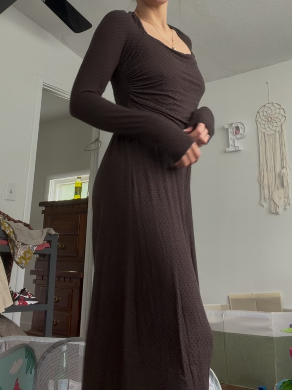 Free People Brown Long-Sleeve Knit Maxi Jumpsuit